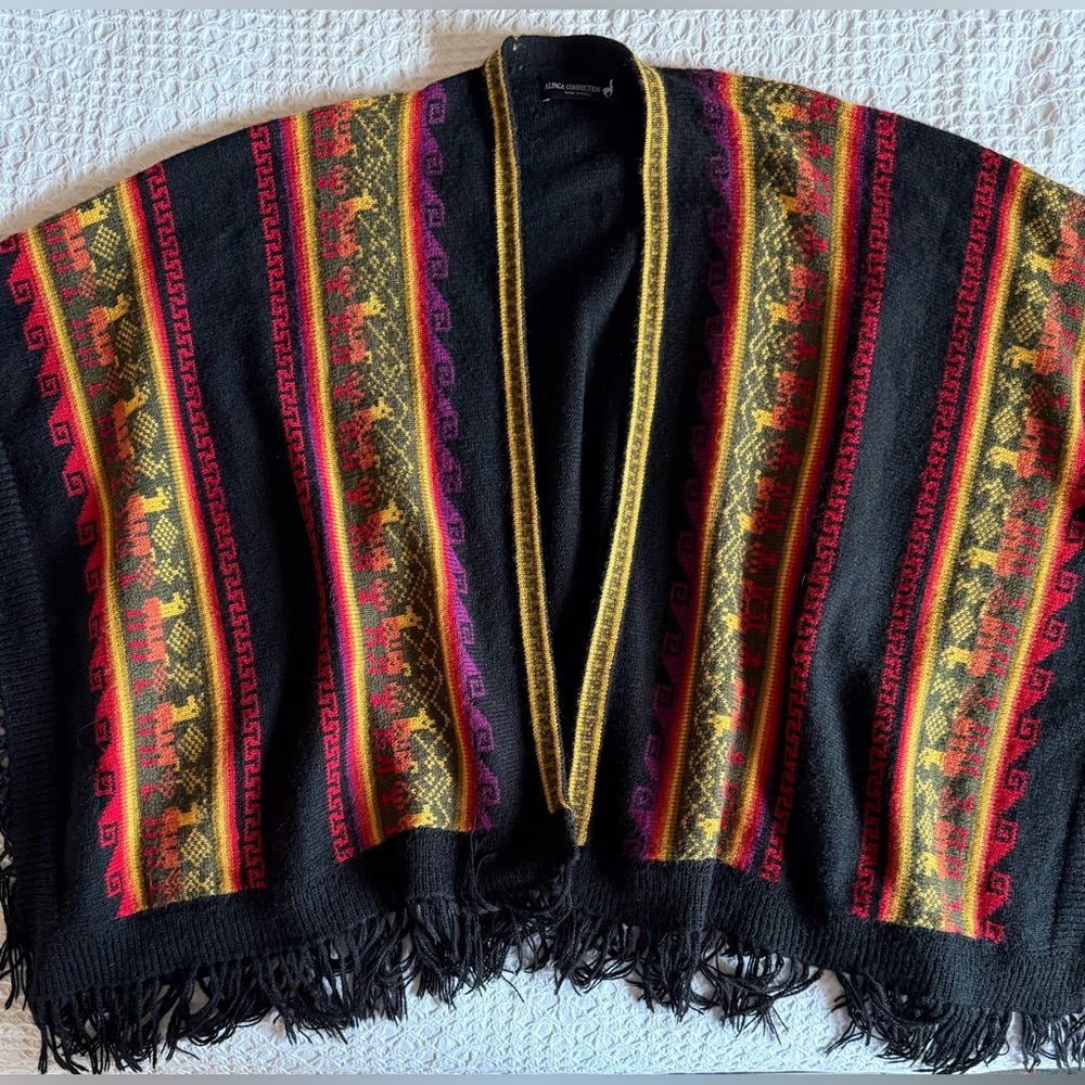 Alpaca Connection Alpaca Wool Ruana Wrap Peru Black Multicolor Unisex OS - Picture 13 of 13